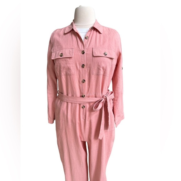 ModCloth Pink Linen Jumpsuit‎ with Belt Size: XL - Picture 6 of 16